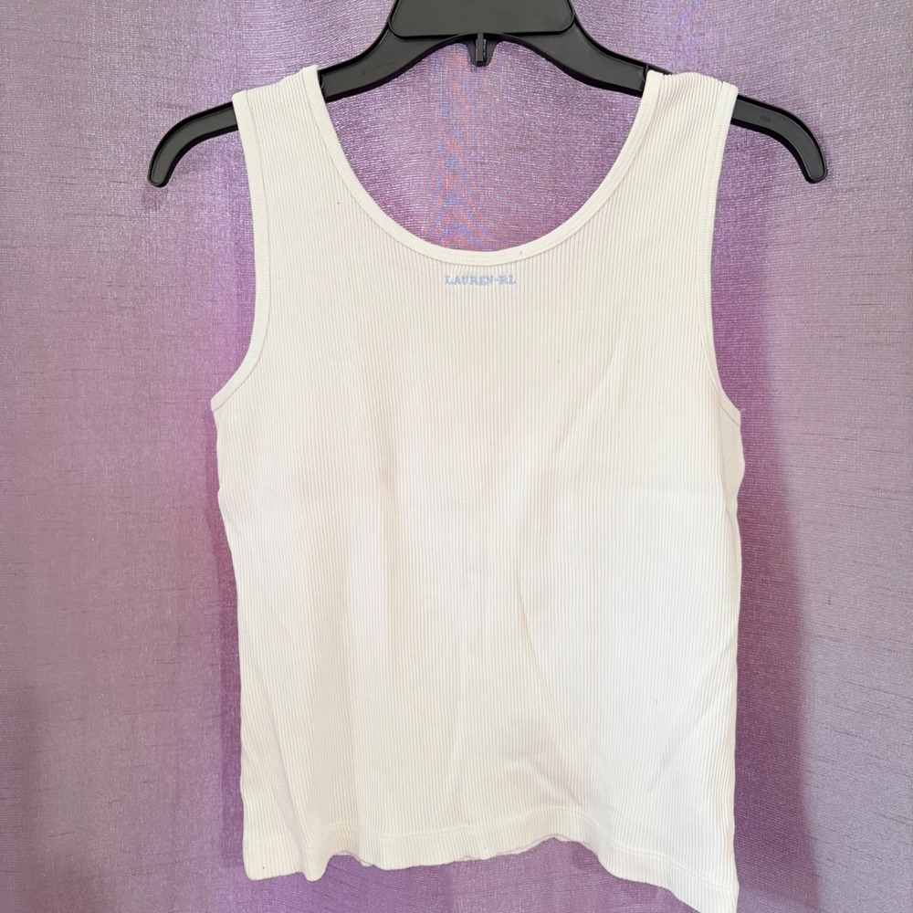 Lauren Ralph Lauren Ribbed Tank Top White Scoop Neck Cropped Sleeveless Basic - Picture 3 of 6